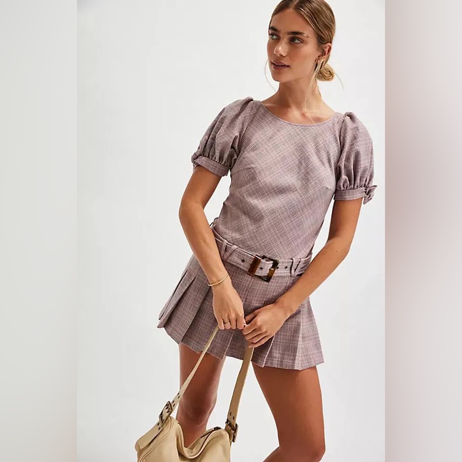 Nwot Free People Sevi Belted Plaid Pleated Mini Dress In Gray & Pink Combo